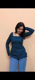Indigo Bloom Block Print Peplum Top