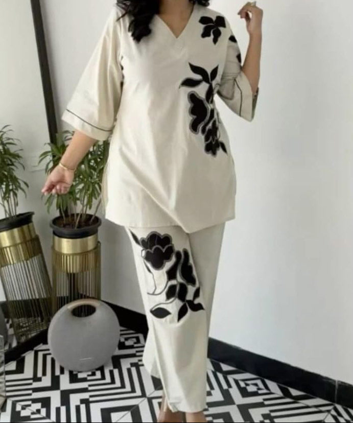 Ivory Floral Appliqué Co-ord Night Suit Set